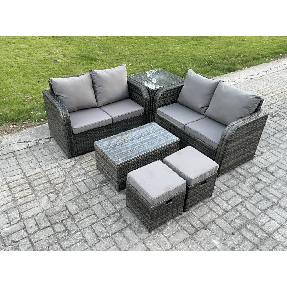 Fimous Dark/Grey Outdoor Lounge Sofa Set Rattan Garden Furniture Set With Rectangular Coffee Table 2 Small Footstools Side Table Mixed - Image 2