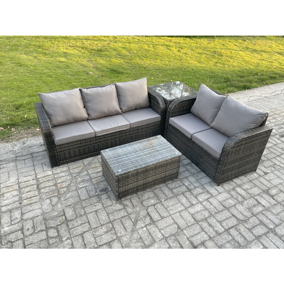 Fimous 5 Seater Rattan Wicker Garden Furniture Patio Conservatory Sofa Set With Rectangular Coffee Table Love Sofa Side Table Brown