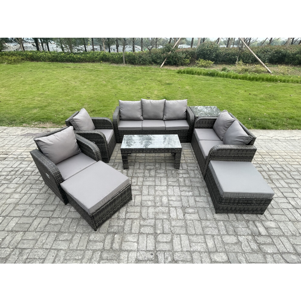 Fimous 9 Seater Outdoor Rattan Garden Furniture Set Rattan Lounge Sofa Set With Rectangular Coffee Table Side Table 2 Big Footstool