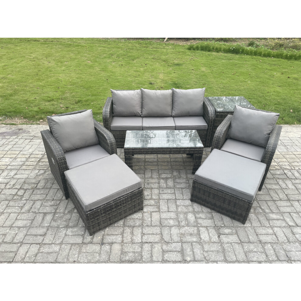 Fimous Rattan Garden Furniture Set With Rectangular Coffee Table Side Table 2 Big Footstool 7 Seater Patio Outdoor Lounge Sofa Set Brown