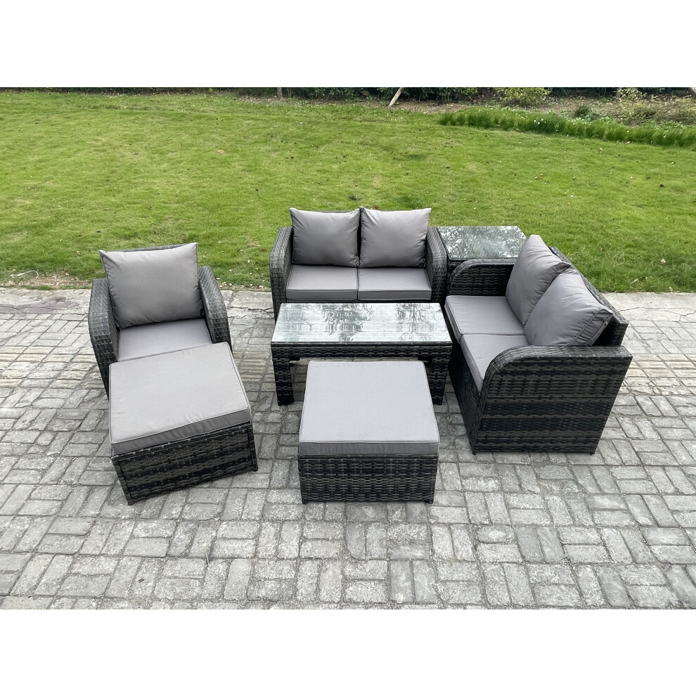 Fimous 7 Pcs Rattan Outdoor Garden Furniture Sofa Set Patio Table & Chairs Set With Side Table 2 Big Footstool Dark Mixed Grey