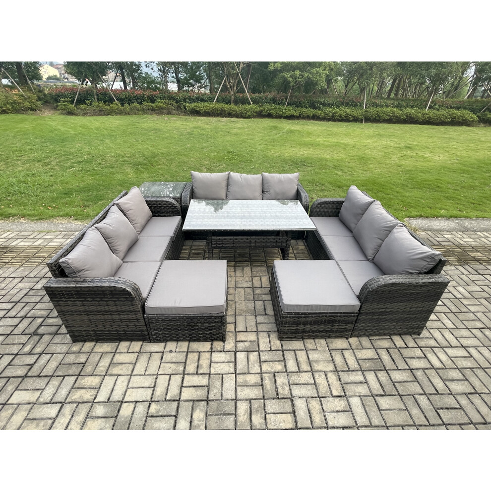 Fimous Wicker Pe Rattan Sofa Outdoor Garden Furniture Set With Rectangular Dining Table 2 Big Footstool Side Table Dark Grey Mixed