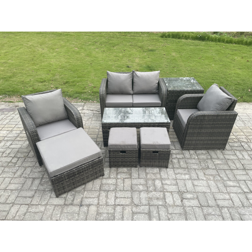 Fimous 7 Seater Rattan Lounge Sofa Set Outdoor Garden Furniture Set with Rectangular Coffee Table Love Sofa Side Table 3 Footstools