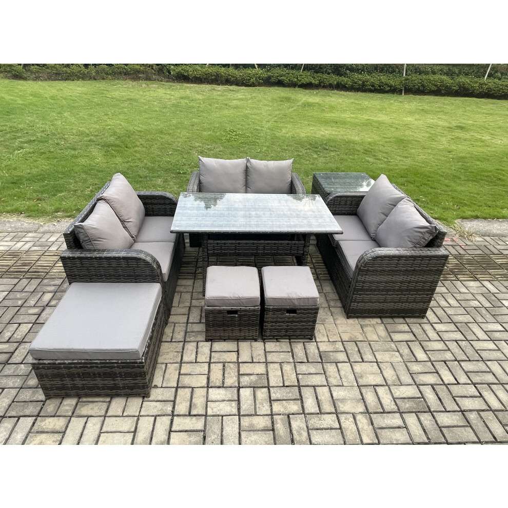 Fimous Dark/Grey 9 Seater Outdoor Rattan Garden Furniture Set With Patio Rectangular Dining Table Love Sofa Side Table 3 Footstools Mixed - Image 3