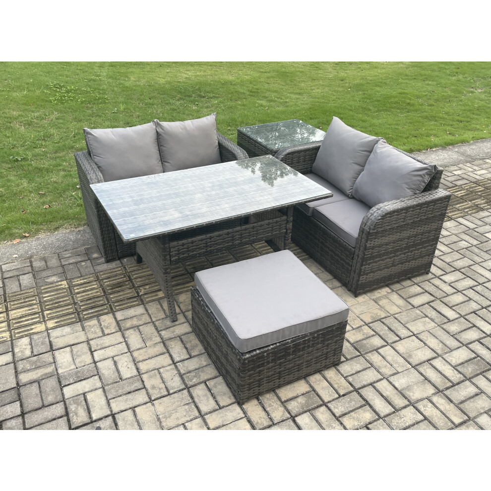 Fimous Garden Patio Furniture Wicker Rattan Oblong Rectangular Dining Table And Loveseat Sofa Set With Side Table Big Footstool