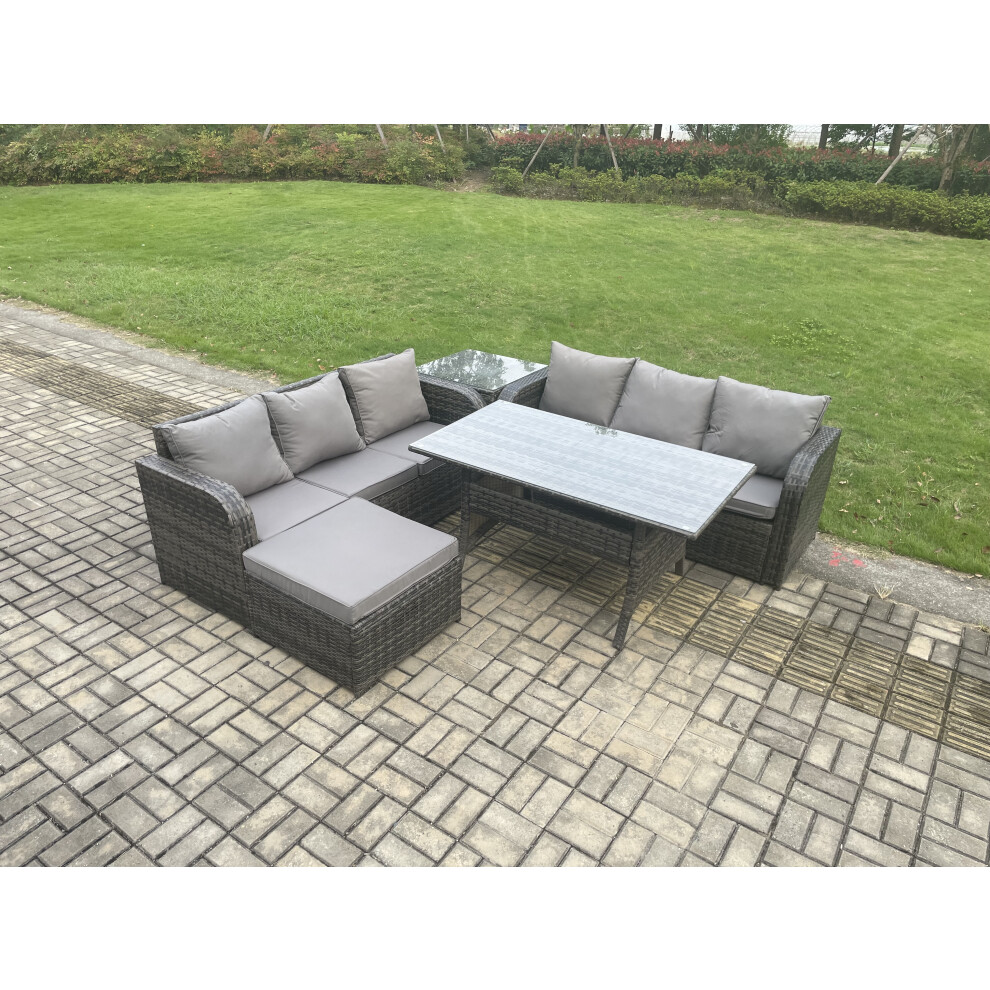 Fimous Rattan Garden Furniture Set With Oblong Rectangular Dining Table Big Footstool Side Table 5 Pieces Outdoor Lounge Sofa Set