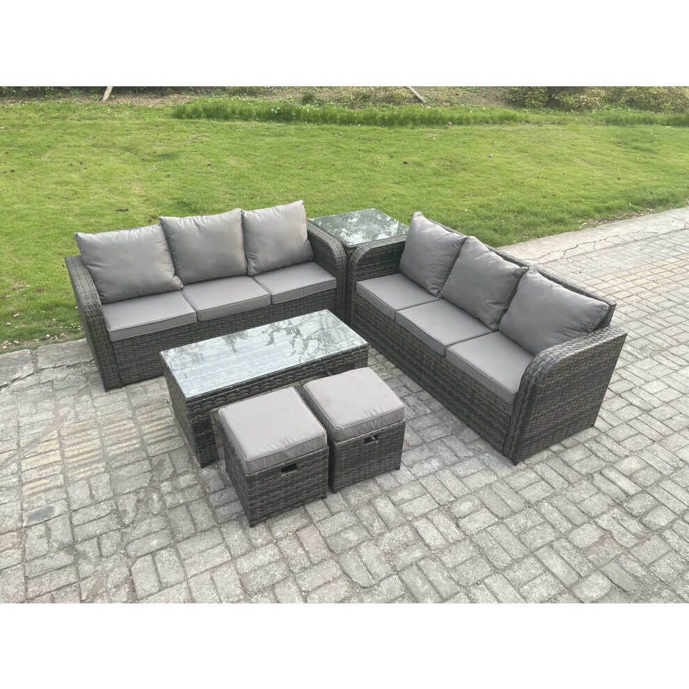 Fimous Outdoor Lounge Sofa Set Rattan Garden Furniture Set With Rectangular Coffee Table 2 Small Footstools 3 Seater Sofa Side Table