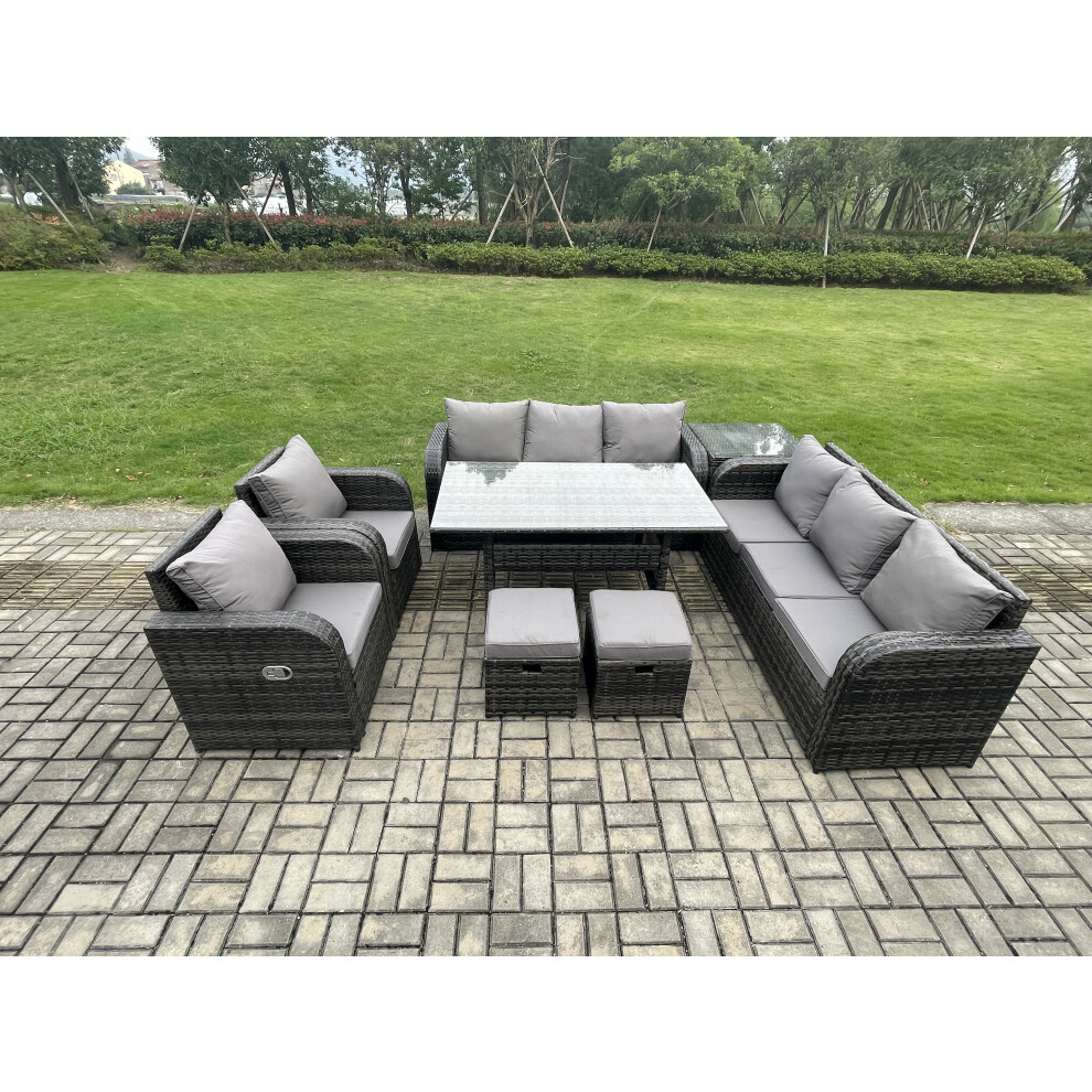Fimous Outdoor Garden Patio Furniture Wicker Rattan Oblong Rectangular Dining Table And Lounge Sofa Set Side Table Dark Grey Mixed