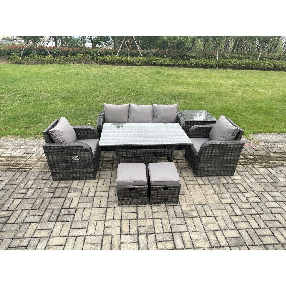 Wicker PE Rattan Garden Furniture Set Outdoor Rectangular Dining Table and Chair Sofa Set With 2 Small Footstools