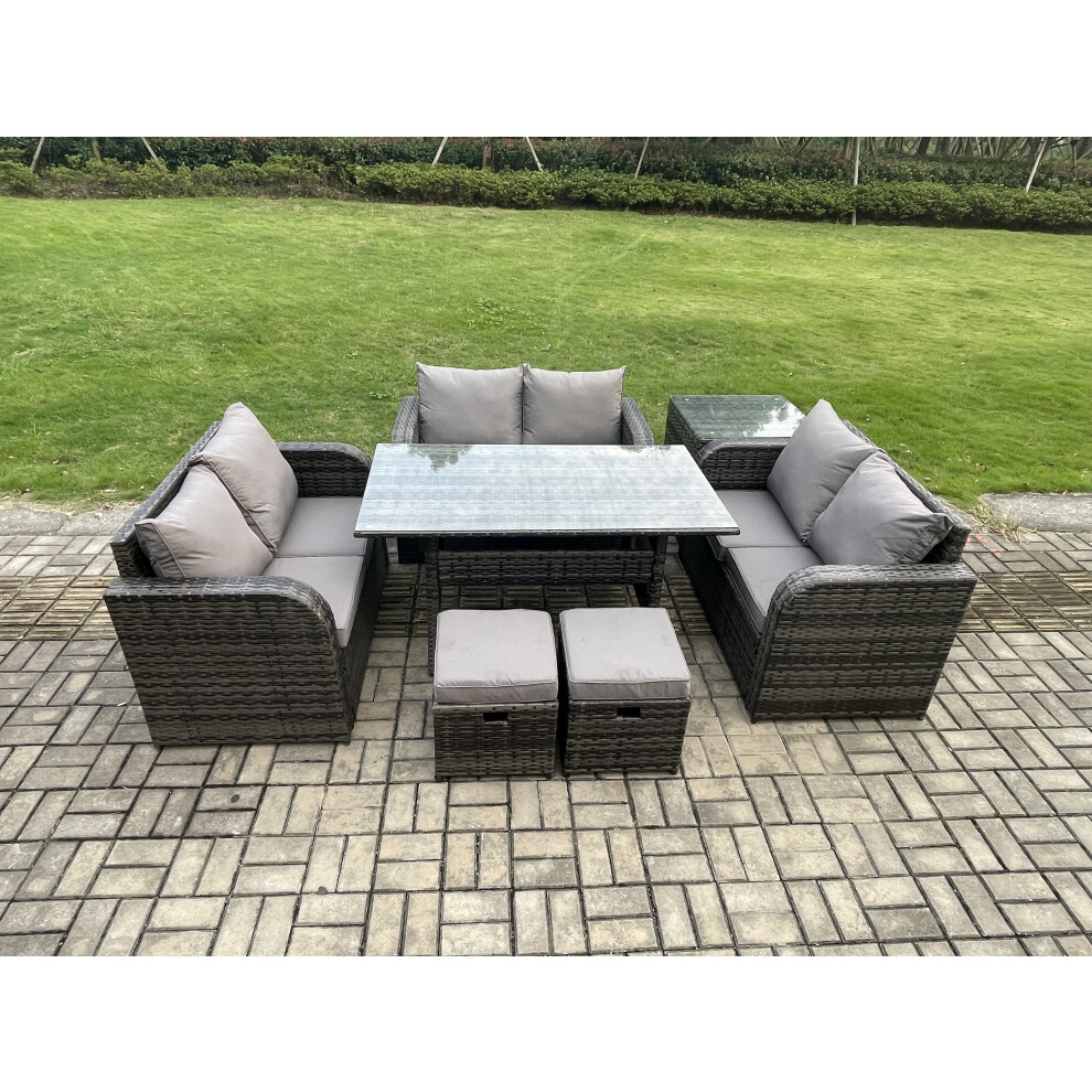 Rackhams Dark/Grey 8 Seater Outdoor Rattan Garden Furniture Set With Patio Rectangular Dining Table Love Sofa Side Table 2 Small Footstools Mixed - Image 3
