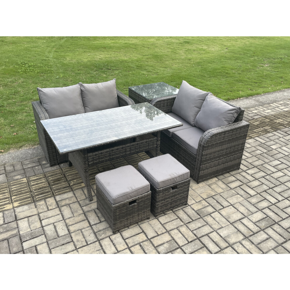 Fimous Garden Patio Furniture Wicker Rattan Oblong Rectangular Dining Table And Loveseat Sofa Set With Side Table 2 Small Footstools