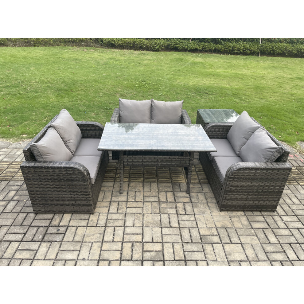 Fimous Dark/Grey Wicker Pe Rattan Sofa Outdoor Garden Furniture Set With Rectangular Dining Table Side Table Mixed - Image 3