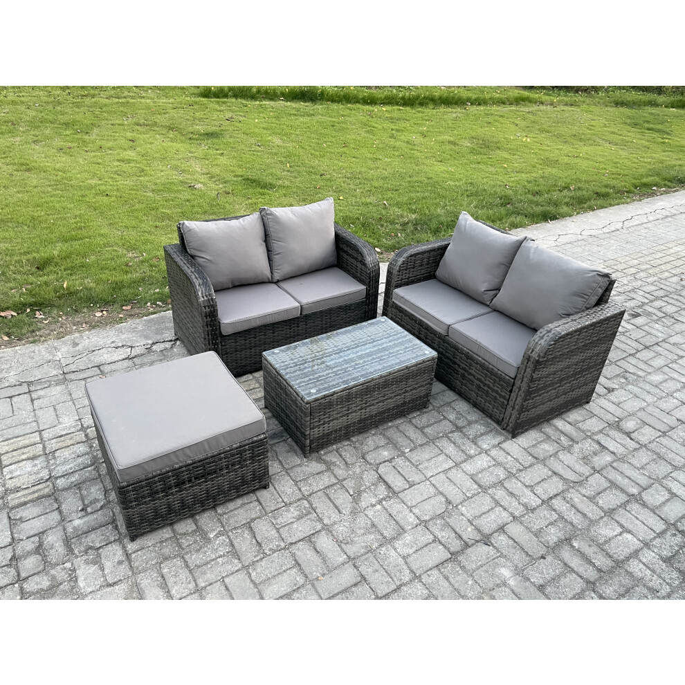 Fimous Outdoor Lounge Sofa Set Rattan Garden Furniture Set With Rectangular Coffee Table Big Footstool Dark Grey Mixed
