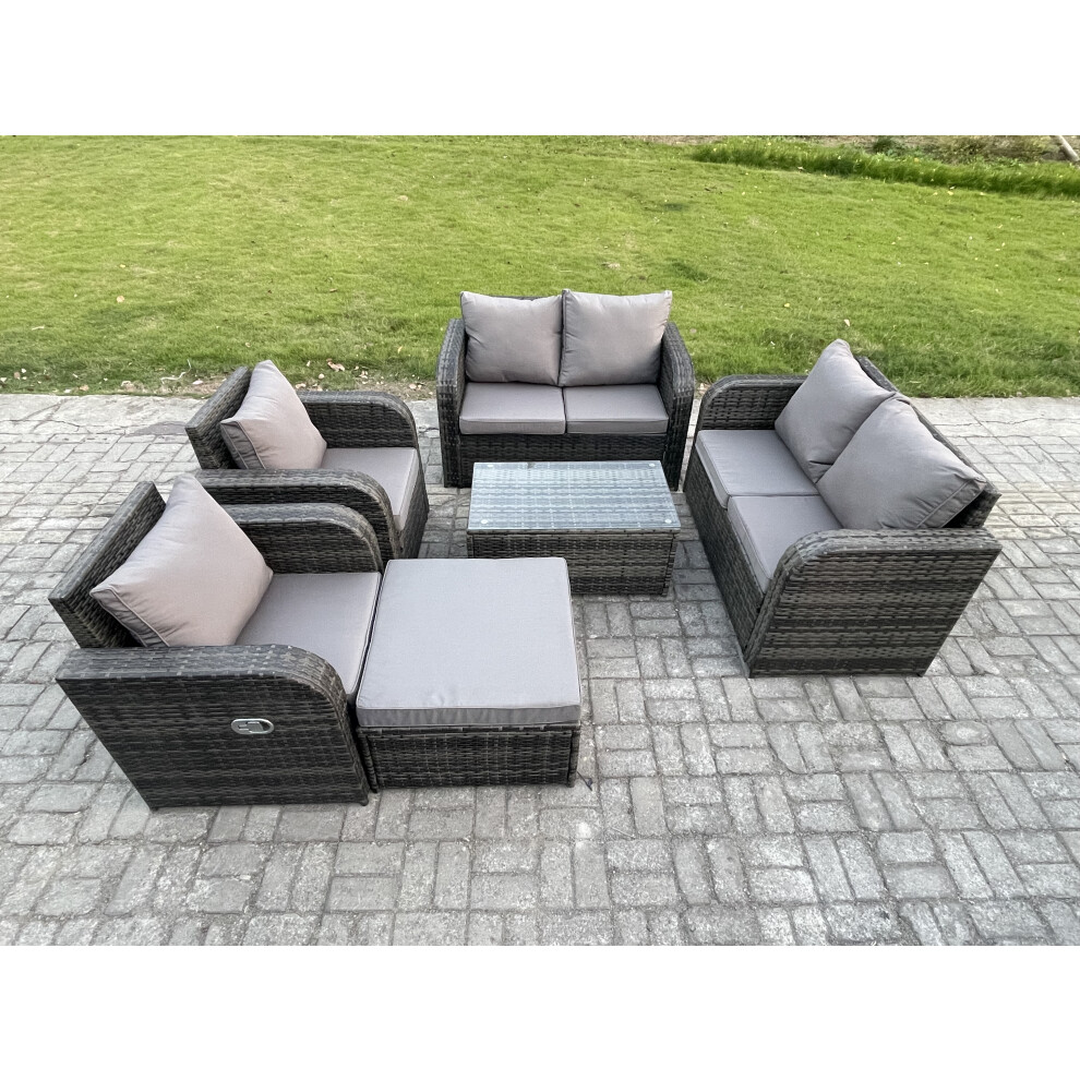 Fimous Rattan Garden Furniture Set Patio Outdoor Lounge Sofa Set With 2 Reclining Chairs Rectangular Coffee Table Big Footstool
