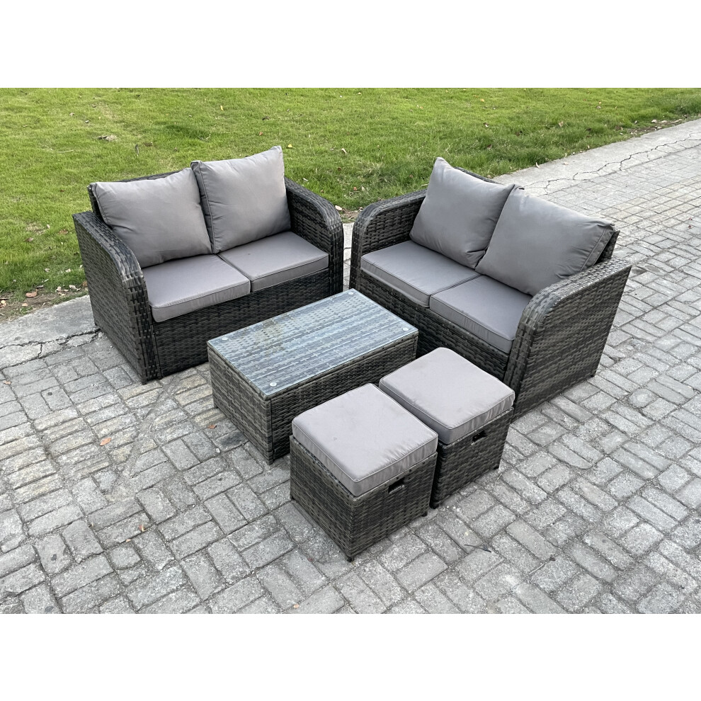 Rackhams Dark/Grey Rattan Garden Furniture Set 6 Seater Patio Outdoor Lounge Sofa Set With Rectangular Coffee Table 2 Small Footstools Mixed - Image 2