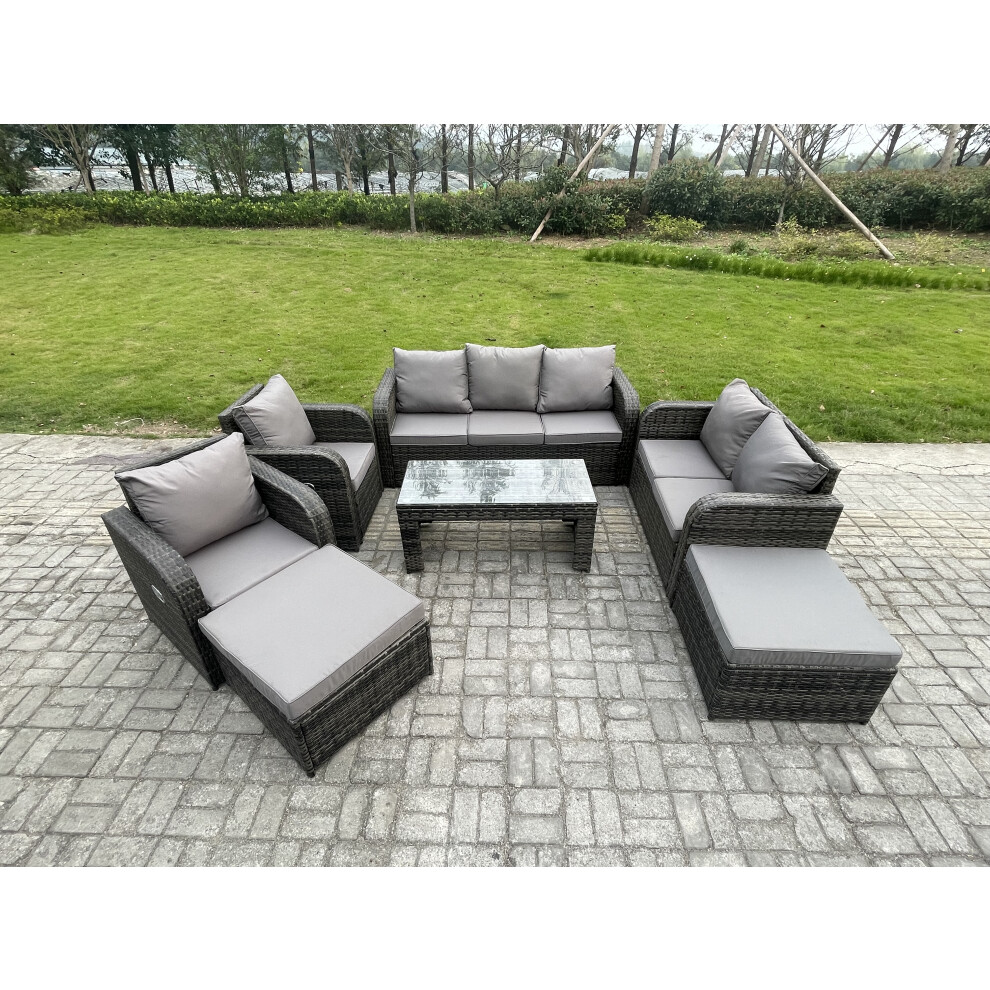 Fimous Rattan Wicker Garden Furniture Patio Conservatory Sofa Set With Rectangular Coffee Table Reclining Chair Brown