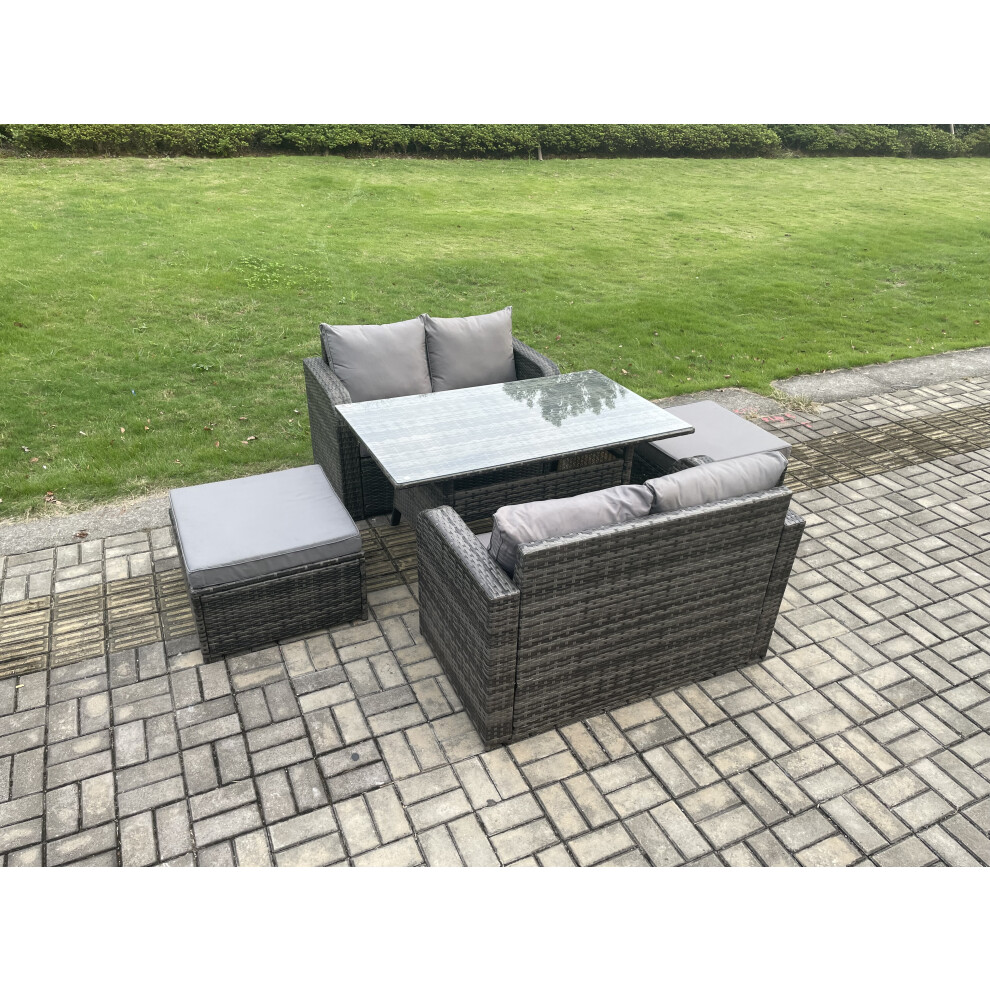 Fimous Unisex Dark Grey Garden Patio Furniture Wicker Rattan Oblong Rectangular Dining Table & Loveseat Sofa Set With Big Footstool In Size 2 - Image 3