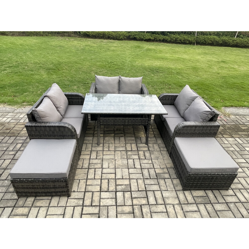 B&Q - Patio Rattan Garden Furniture Set With Oblong Dining Table 2 Big Footstool 8 Seater Outdoor Lounge Loveseat Sofa Set - Image 3