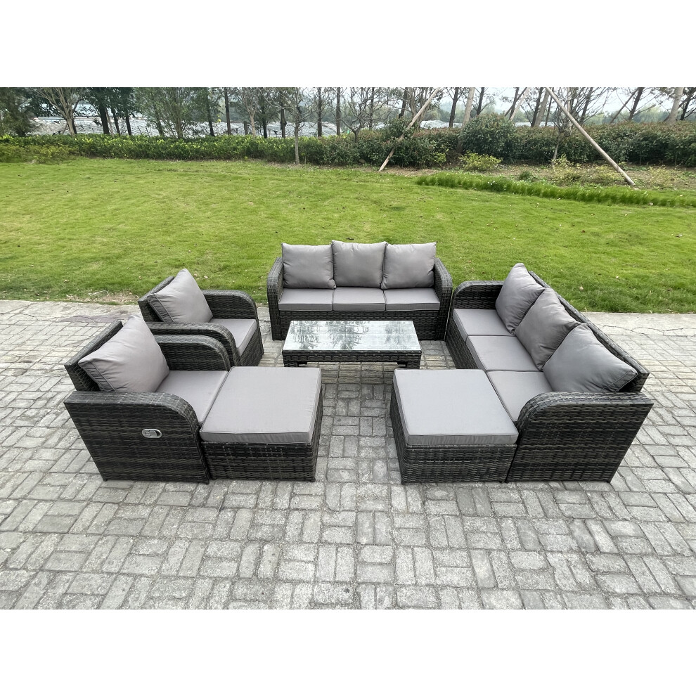 Fimous Rattan Wicker Garden Furniture Patio Conservatory Sofa Set With Rectangular Coffee Table Reclining Chair 2 Big Footstool Brown
