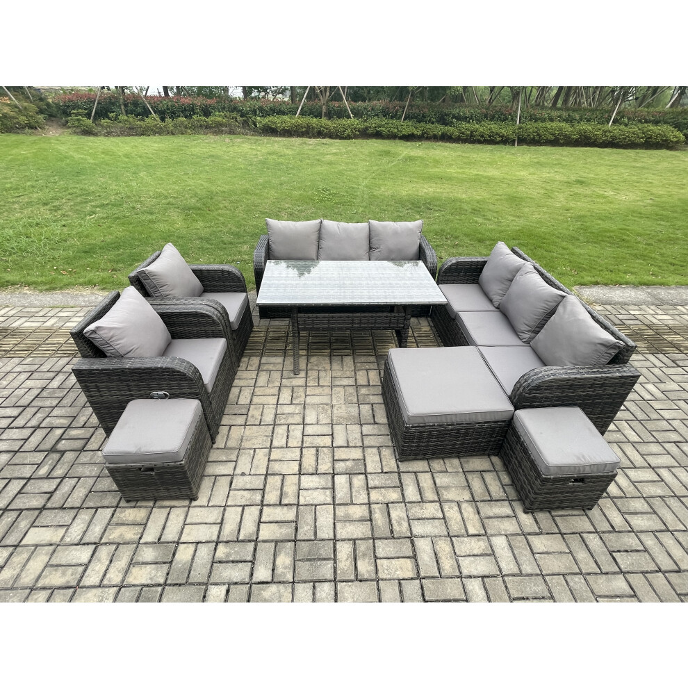 Fimous Outdoor Garden Patio Furniture Wicker Rattan Oblong Dining Table And Lounge Sofa Set With Adjustable Chair 3 Footstool