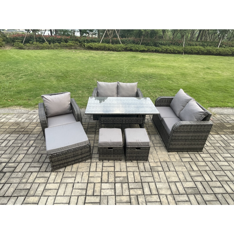 8 Seater Lounge Rattan Sofa Set Outdoor Garden Furniture Oblong Rectangular Dining Table With Chairs 3 Footstools Dark Grey Mixed