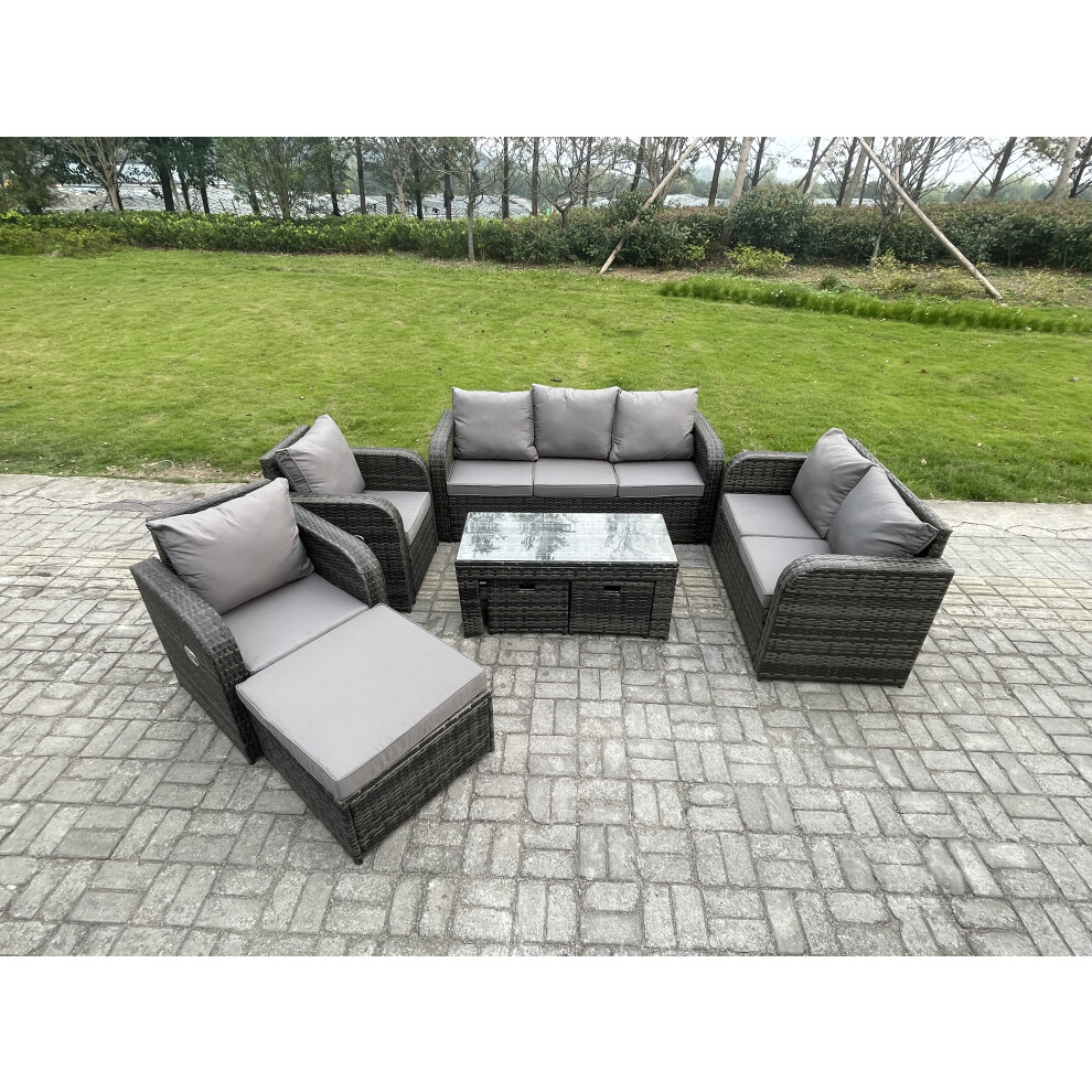 Fimous Outdoor Rattan Garden Furniture Set Rattan Lounge Sofa Set With Rectangular Coffee Table 3 Footstools Dark Grey Mixed