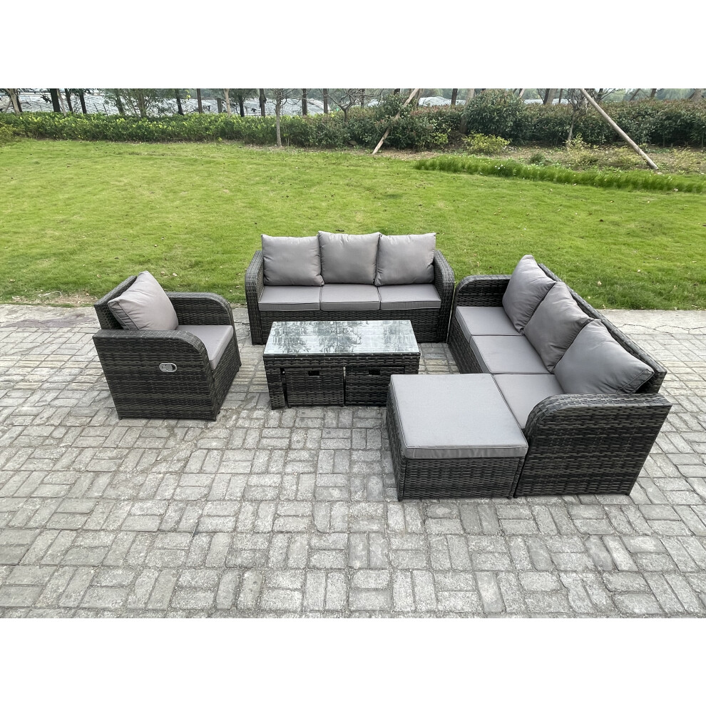 Fimous 10 Seater Outdoor Lounge Sofa Set Rattan Garden Furniture Set With Rectangular Coffee Table 3 Footstools Brown