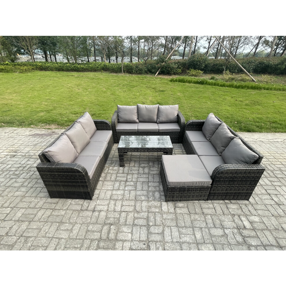 Fimous Outdoor Lounge Sofa Set 10 Seater Rattan Garden Furniture Set With Rectangular Coffee Table Big Footstool 3 Seater Sofa