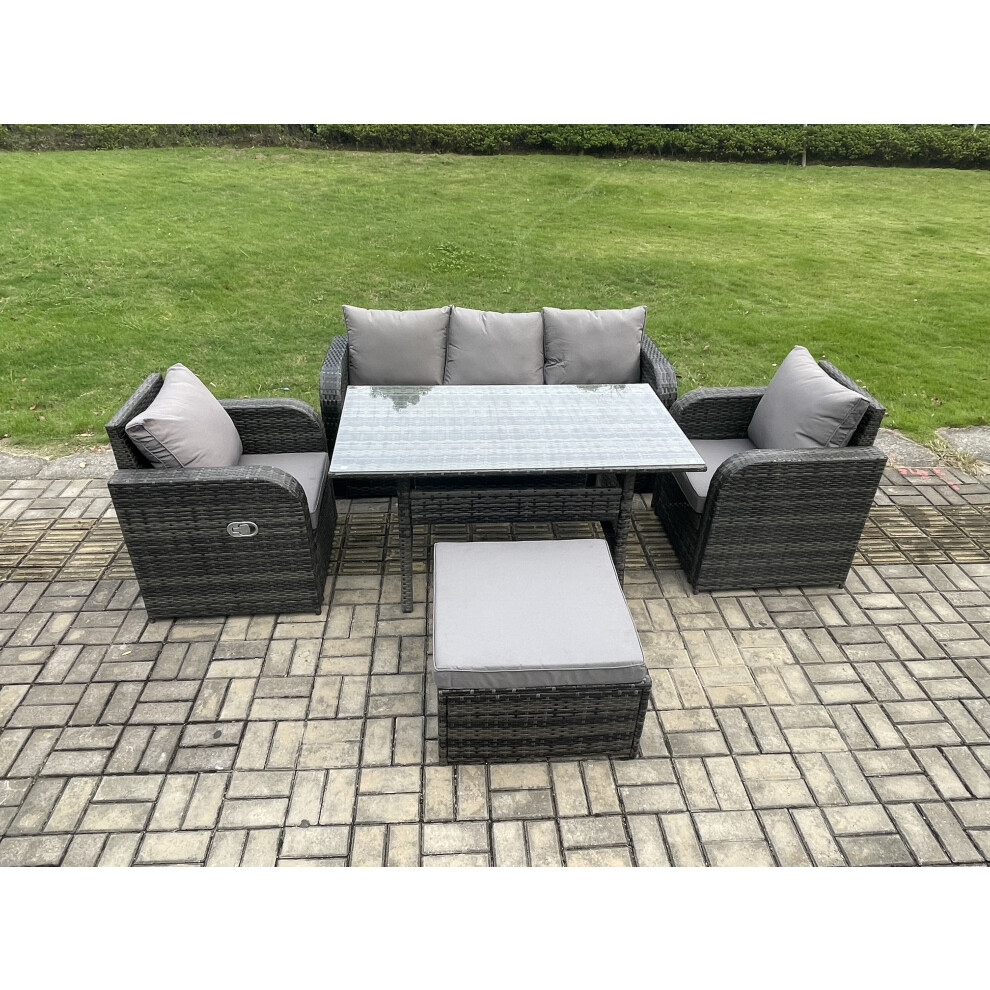 Fimous Wicker Pe Rattan Garden Furniture Set Outdoor Rectangular Dining Table And Chair Sofa Set With Big Footstool