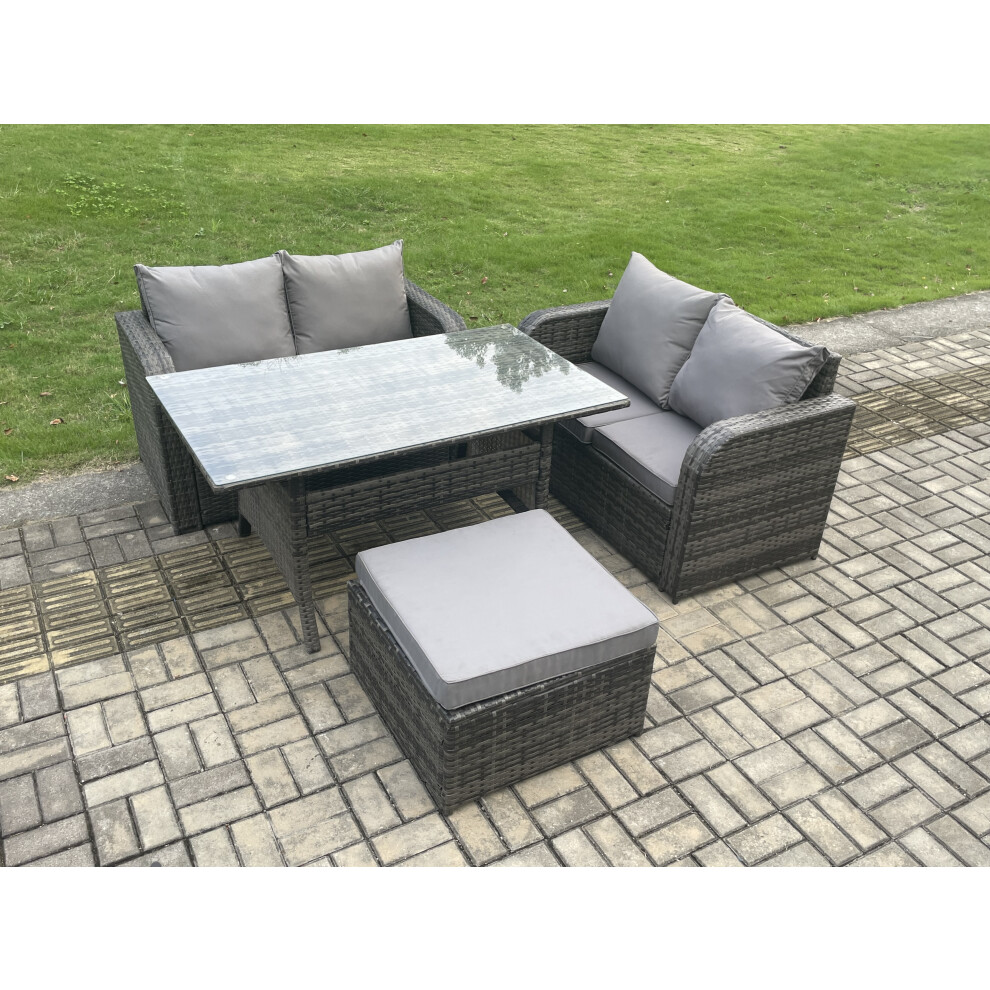 Fimous Garden Patio Furniture Wicker Rattan Oblong Rectangular Dining Table And Loveseat Sofa Set With Big Footstool