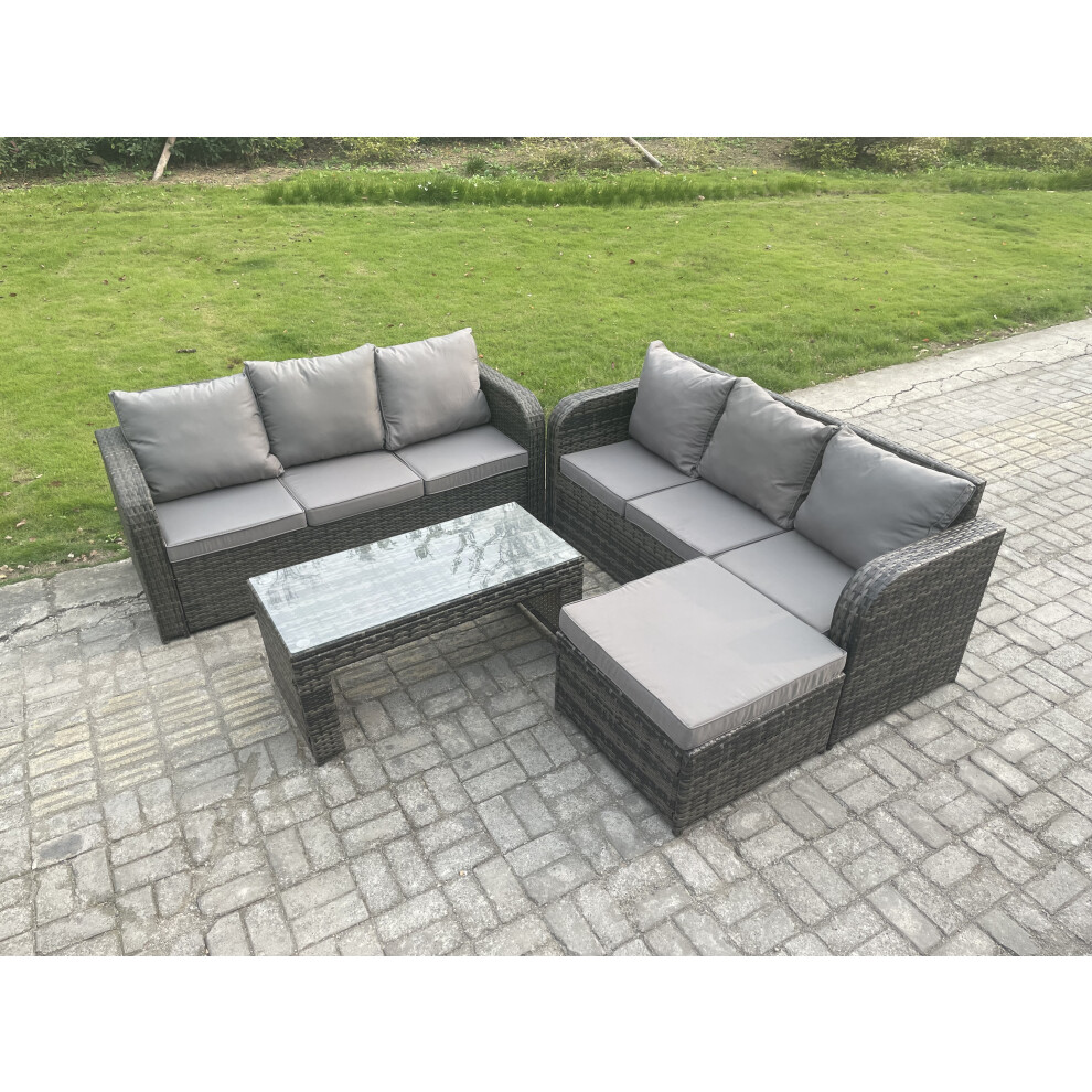 Fimous Outdoor Lounge Sofa Set Rattan Garden Furniture Set With Rectangular Coffee Table Big Footstool 3 Seater Sofa Brown