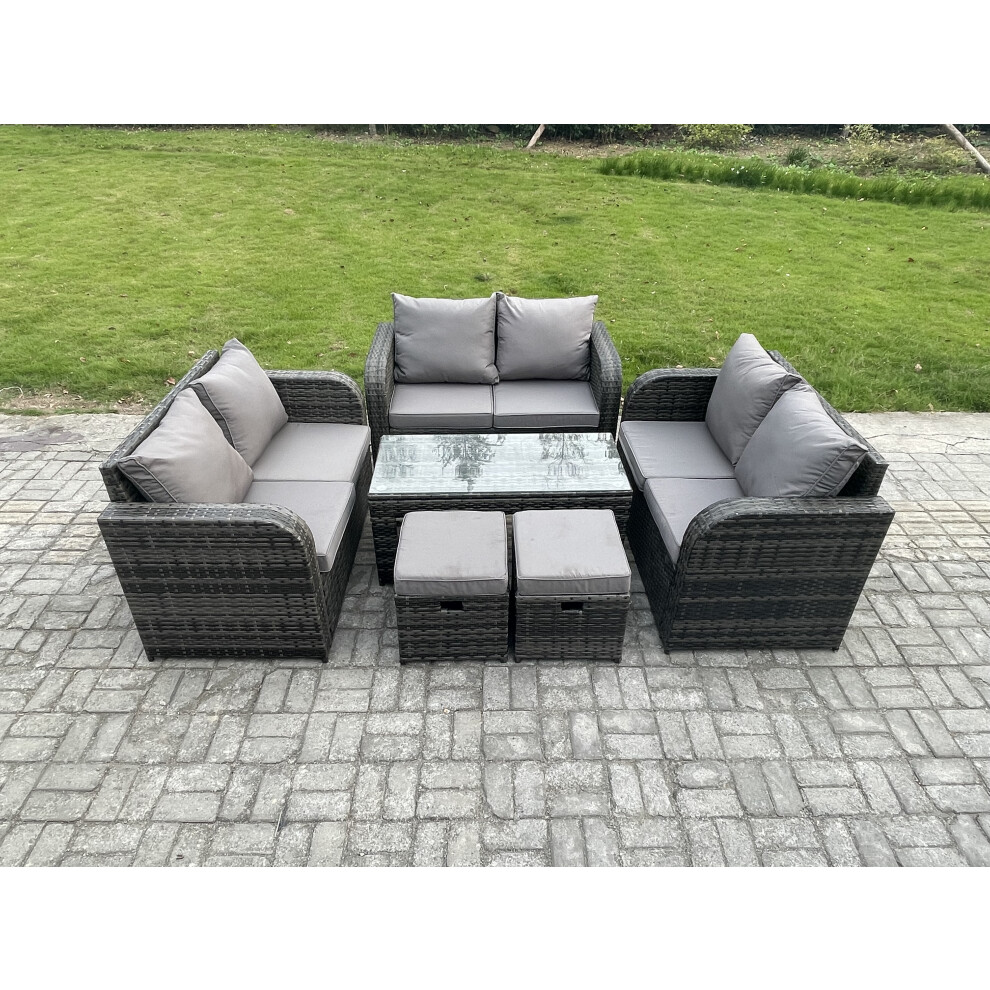 Rackhams Dark/Grey Outdoor Garden Furniture Sets 6 Pieces Wicker Rattan Furniture Sofa Sets With Rectangular Coffee Table Love Seat Sofa 2 Small Footstools - Image 3