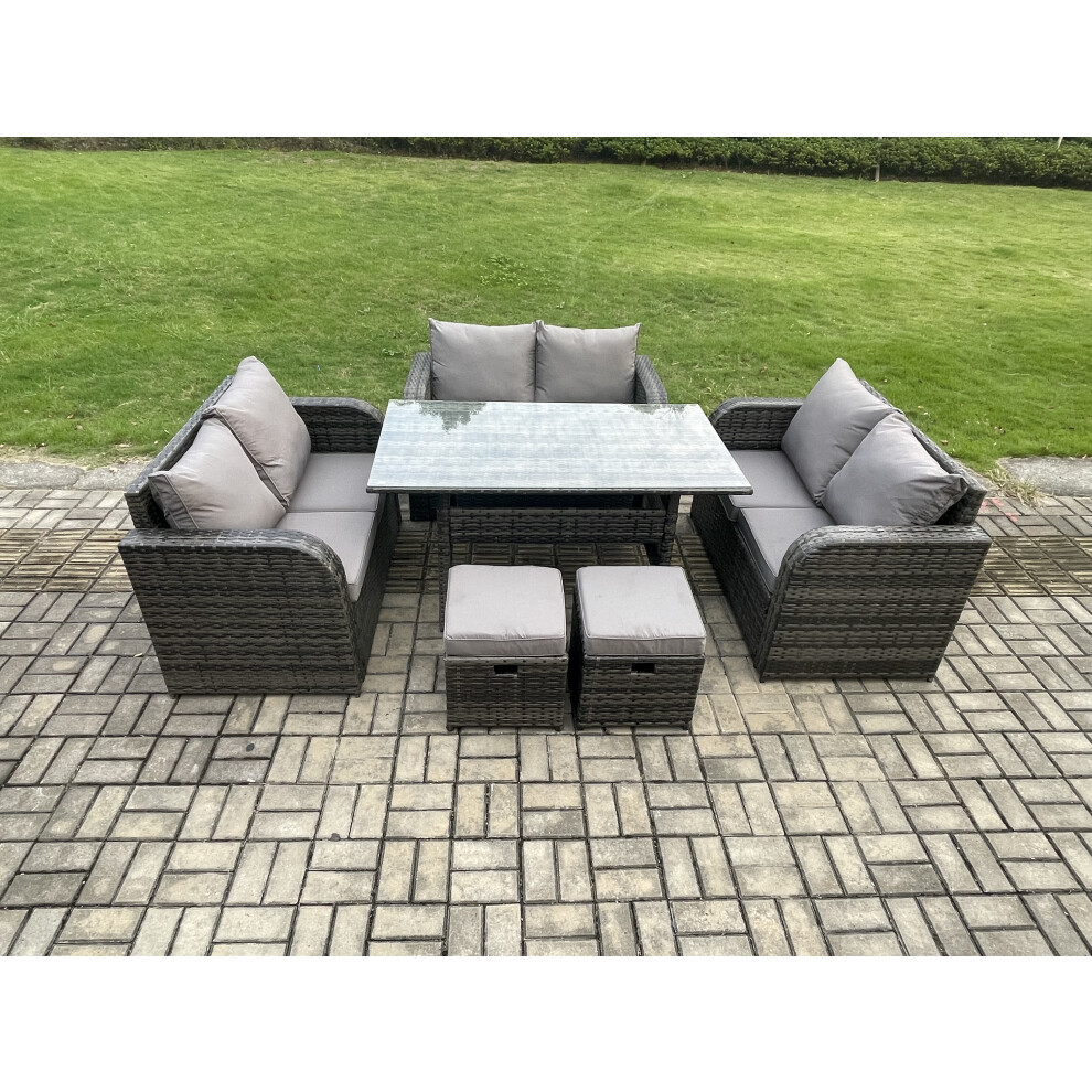 B&Q - 8 Seater Outdoor Rattan Garden Furniture Set With Patio Rectangular Dining Table Love Sofa 2 Small Footstools - Image 3