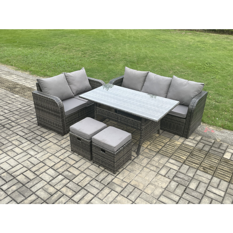 Fimous Outdoor Garden Patio Furniture Wicker Rattan Oblong Rectangular Dining Table And Lounge Sofa Set With 2 Small Footstools