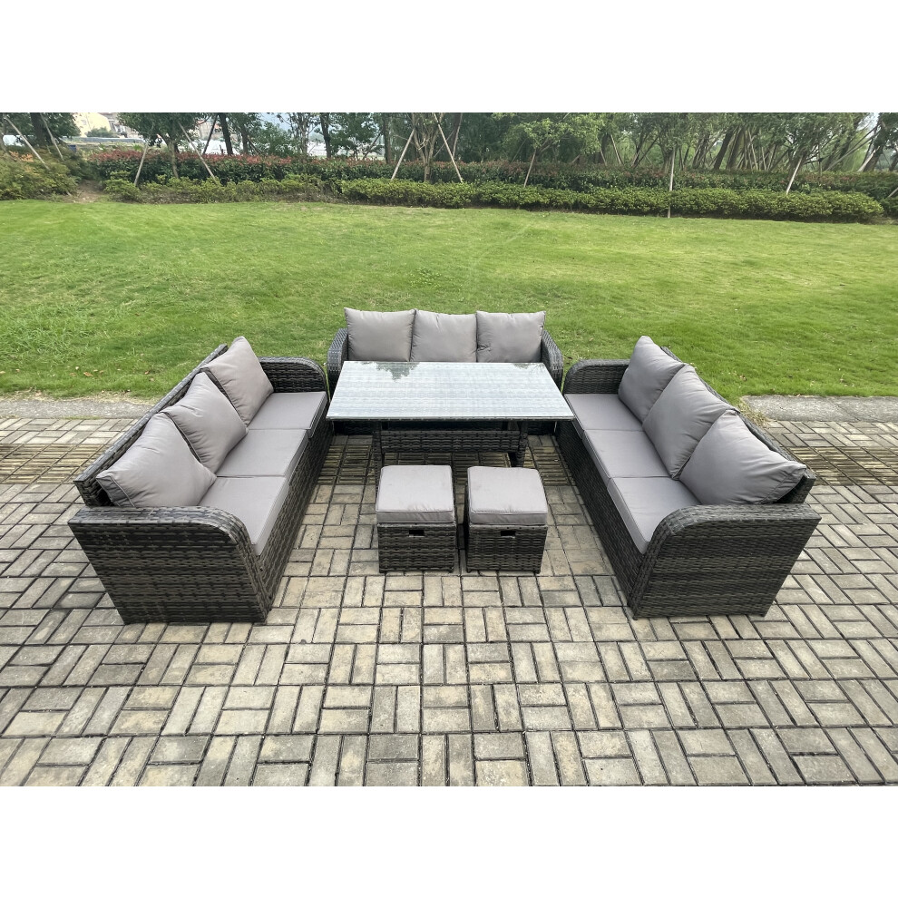 Rattan Garden Furniture Set with Oblong Rectangular Dining Table 2 Small Footstools 11 Seater Outdoor Lounge Sofa Set Dark Grey Mixed