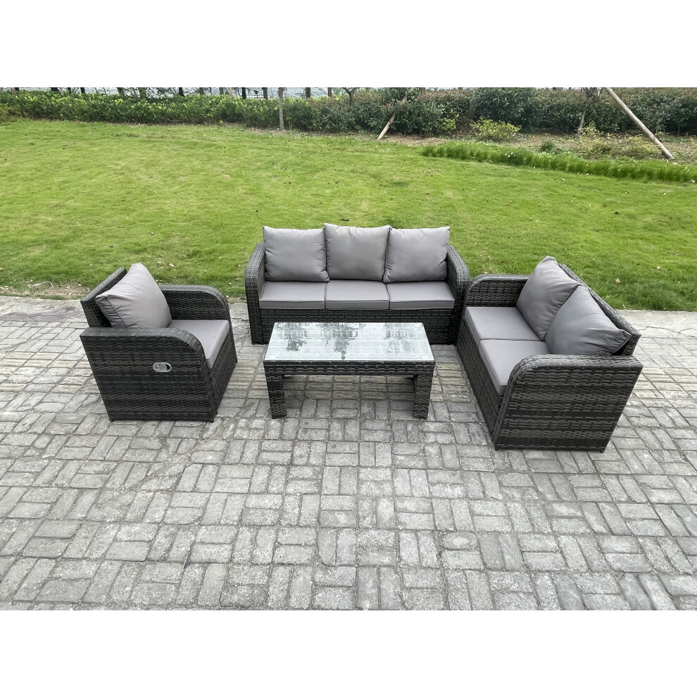 Fimous 6 Seater Outdoor Rattan Garden Furniture Set Rattan Lounge Sofa Set With Rectangular Coffee Table Reclining Chair Brown