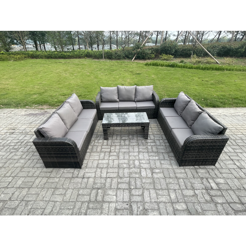 Fimous Outdoor Lounge Sofa Set 9 Seater Rattan Garden Furniture Set With Rectangular Coffee Table 3 Seater Sofa Dark Grey Mixed