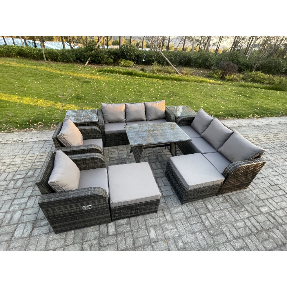 Fimous Outdoor Lounge Sofa Set Wicker Pe Rattan Garden Furniture Set With Rectangular Dining Table 2 Side Tables 2 Big Footstool