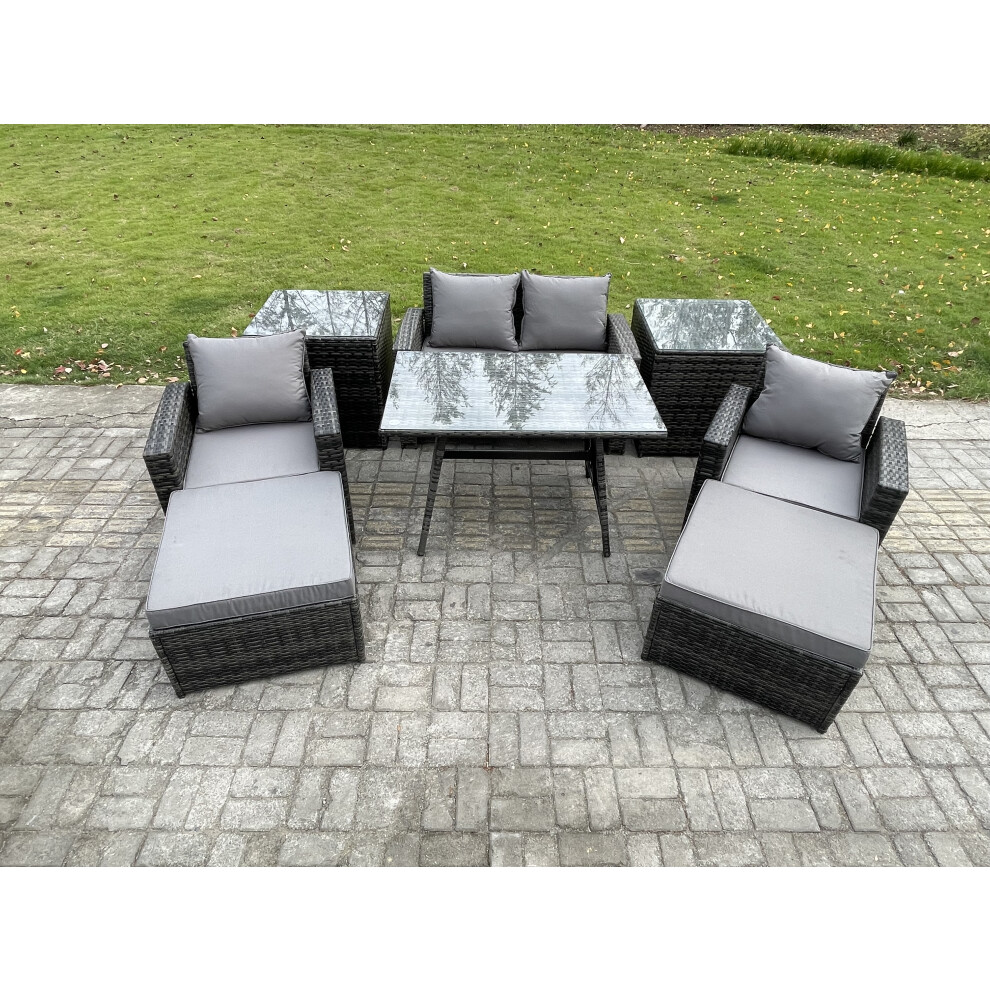 Fimous Rattan Wicker Garden Furniture 6 Seater Patio Conservatory Sofa Set With Rectangular Dining Table Armchair 2 Seater Sofa 2 Big Footstool