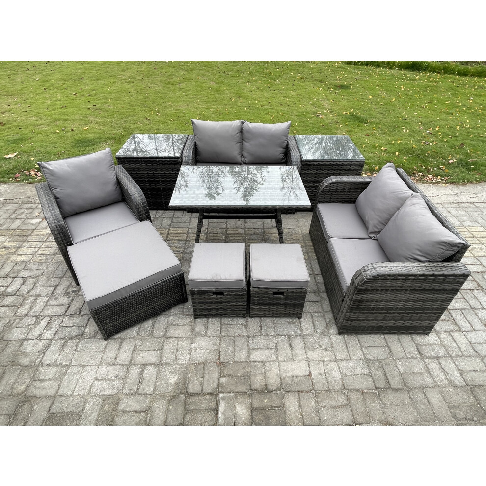 Fimous 8 Seater Outdoor Garden Dining Sets Rattan Furniture With Love Sofa 3 Footstools 2 Side Tables Dark Grey Mixed