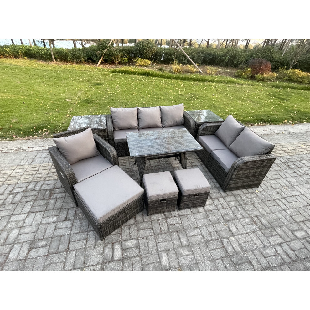 Fimous 9 Pcs Outdoor Lounge Sofa Set Wicker Pe Rattan Garden Furniture Set With Rectangular Dining Table Armchair 3 Footstools