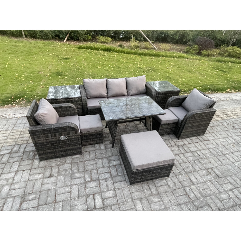 Fimous Rattan Wicker Garden Furniture Patio Conservatory Sofa Set With Rectangular Dining Table Reclining Chair 3 Seater Sofa