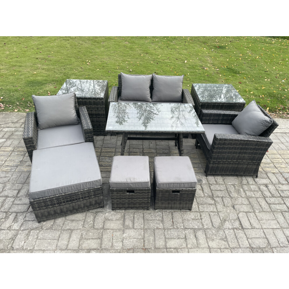 Fimous Dark/Grey Rattan Wicker Garden Furniture Patio Conservatory Sofa Set With Rectangular Dining Table Armchair 2 Seater Sofa 3 Footstools 2 Side Tables - Image 2