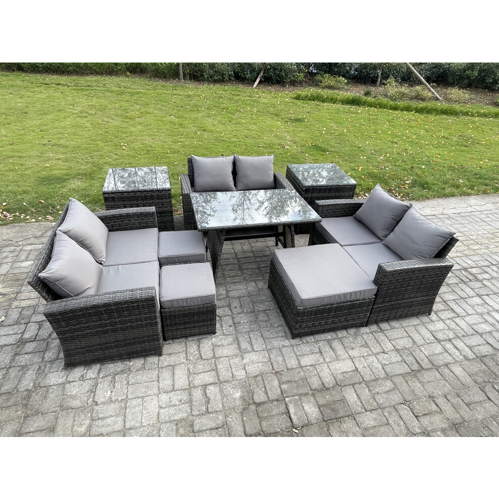Fimous Outdoor Lounge Sofa Set Wicker PE Rattan Garden Furniture Set with Rectangular Dining Table 2 Seat Sofa 3 Footstools Dark Grey Mixed-image-OPC-PDPDXSX-NEW