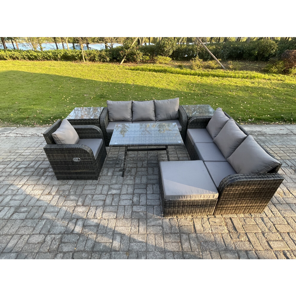 Fimous Outdoor Lounge Sofa Set Wicker Pe Rattan Garden Furniture Set With Rectangular Dining Table 2 Side Tables