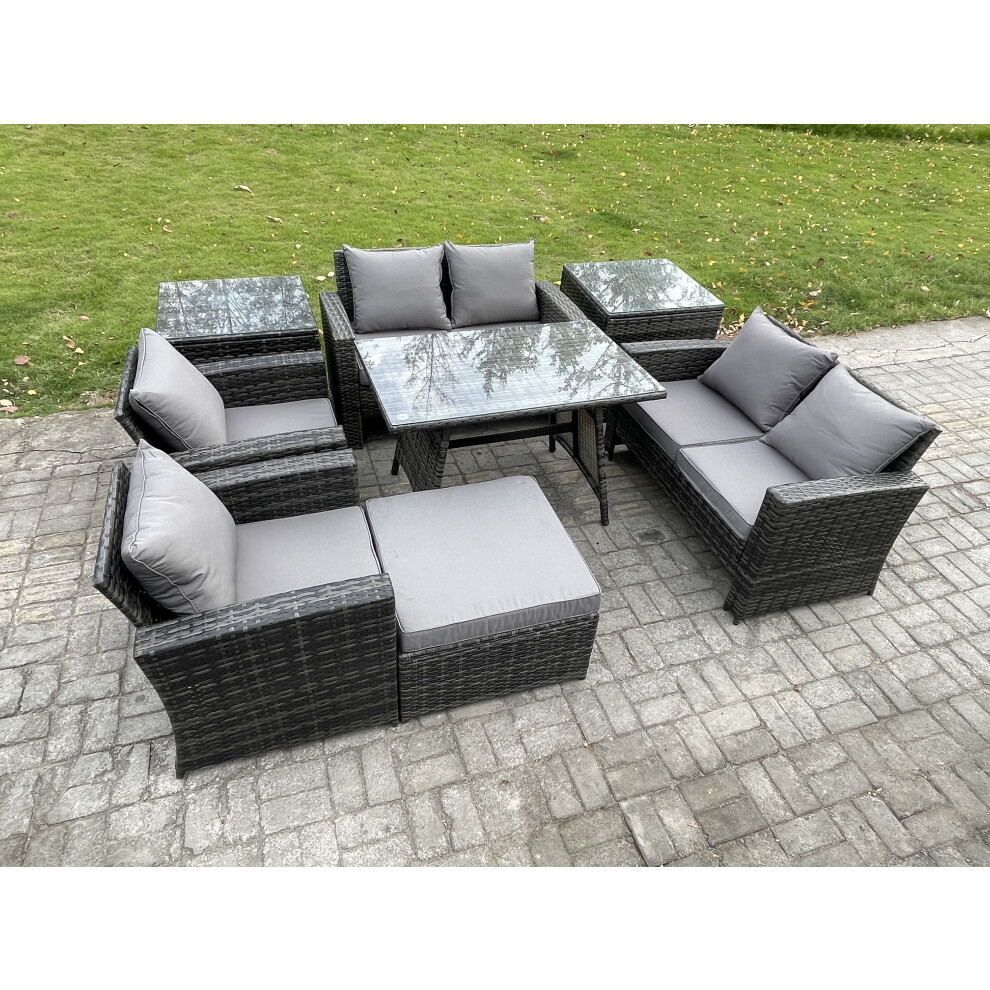 Fimous Dark/Grey Rattan Garden Furniture Set - Mixed Patio Lounge Sofa With Rectangular Dining Table & Big Footstool - Image 2