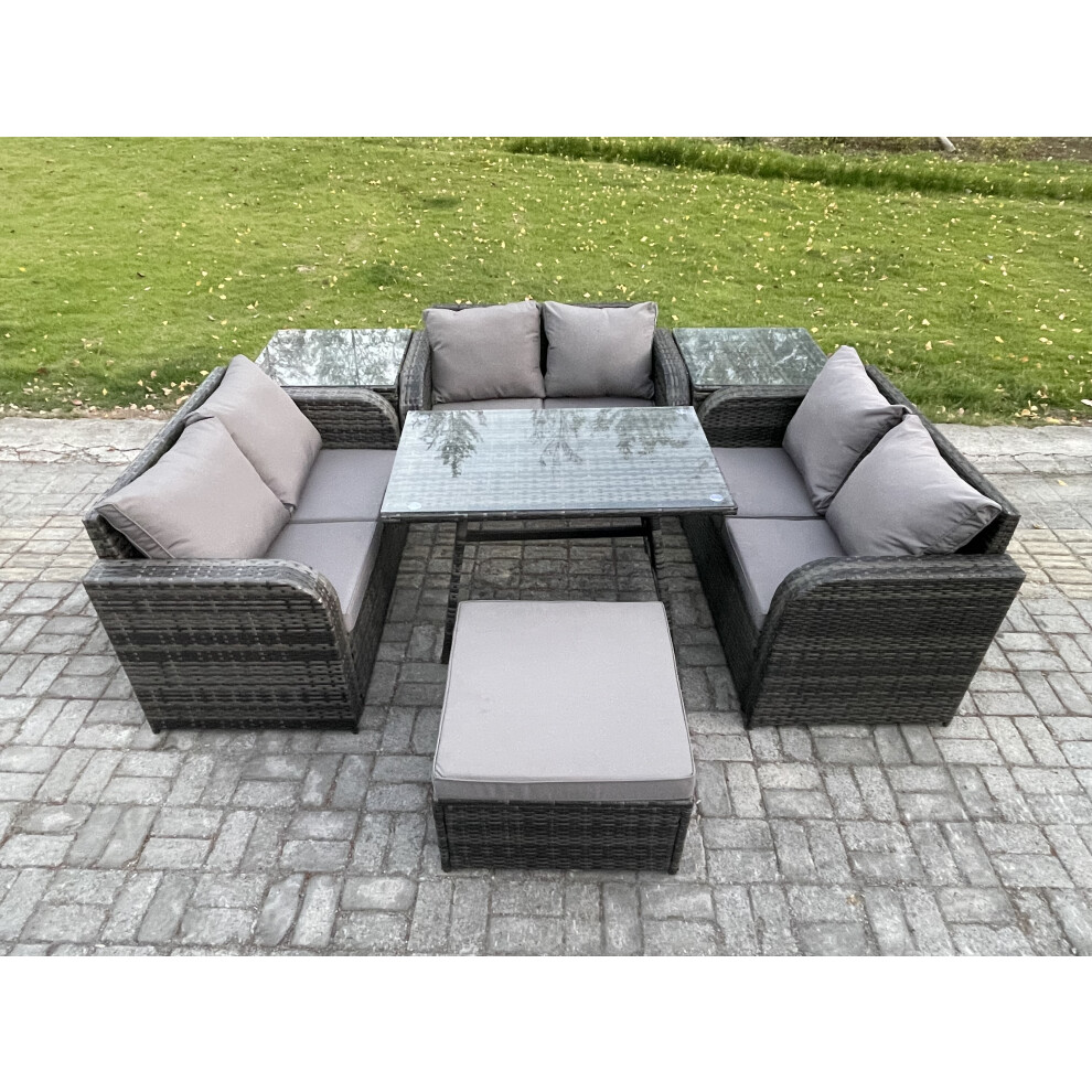 Fimous 7-Seater Rattan Garden Furniture Set Dark Grey Mixed With Dining Table, 2 Side Tables & Footstool - Image 3
