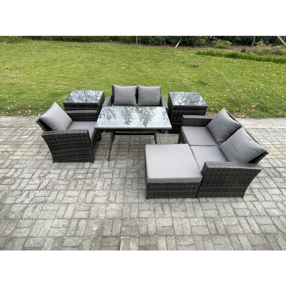 Fimous Wicker PE Rattan Garden Dining Set Outdoor Furniture Sofa with Rectangular Dining Table Love Seat Sofa 2 Side Tables Dark Grey Mixed