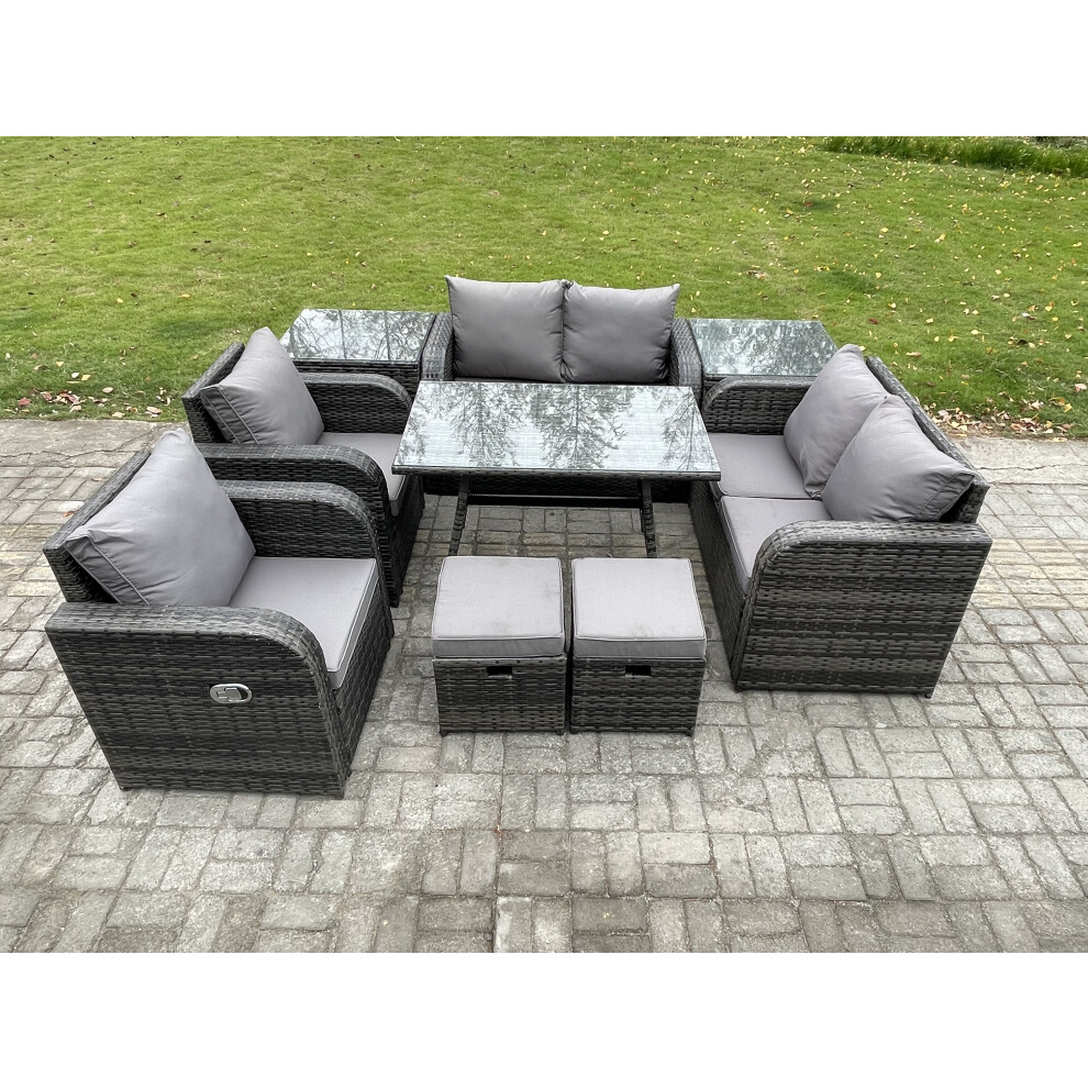 Fimous 8 Seater Wicker PE Rattan Garden Dining Set Outdoor Furniture Sofa with 2 Side Tables 2 Small Footstools Dark Grey Mixed-image-OPC-PDPDXTM-NEW