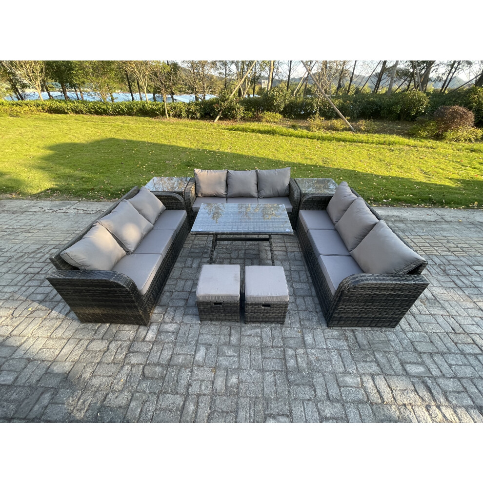 Fimous Rattan Garden Furniture Set 11 Seater Patio Outdoor Lounge Sofa Set With 2 Side Tables Rectangular Dining Table Dark Mixed Grey
